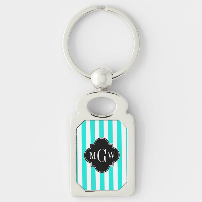 Brt Aqua Whit Stripe Black Quatrefolie 3 Monogramm Schlüsselanhänger (Vorderseite)