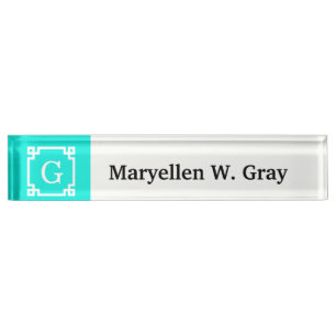 Brt Aqua Wht Greek Key #2 Gerahmtes erstes Monogra Namensplakette