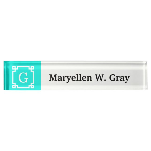 Brt Aqua Wht Greek Key #2 Gerahmtes erstes Monogra Namensplakette (Vorderseite)