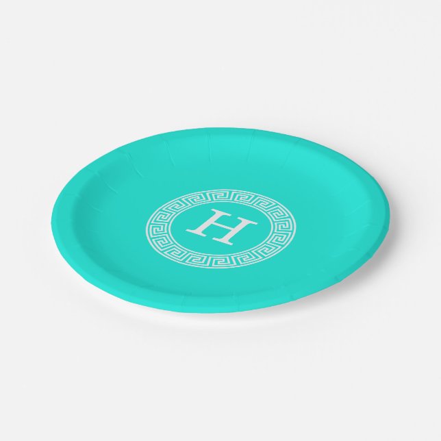 Brt Aqua Wht Griechisch Key Rnd Frame Initial Mono Pappteller (Schrägansicht)