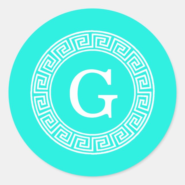 Brt Aqua Wht Griechisch Key Rnd Frame Initial Mono Runder Aufkleber (Vorderseite)