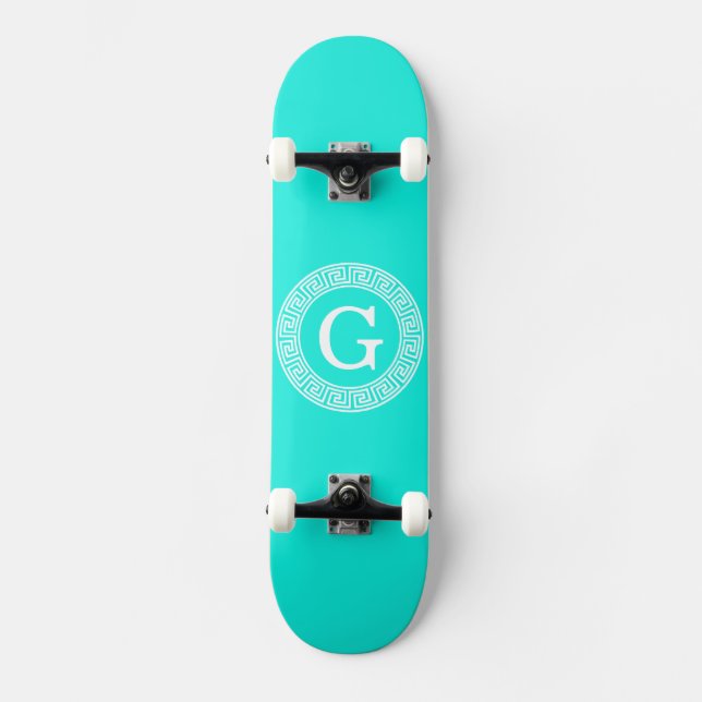 Brt Aqua Wht Griechisch Key Rnd Frame Initial Mono Skateboard (Vorderseite)