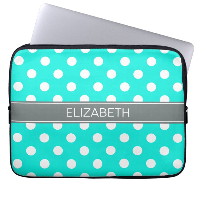 Brt Aqua Wht Polka Dots #2 Charcoal Gray Monogram Laptopschutzhülle (Vorderseite)