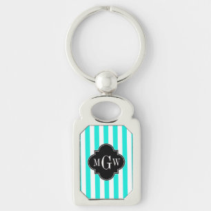 Brt Aqua Wht Streifen Schwarz Quatrefoil 3 Monogra Schlüsselanhänger