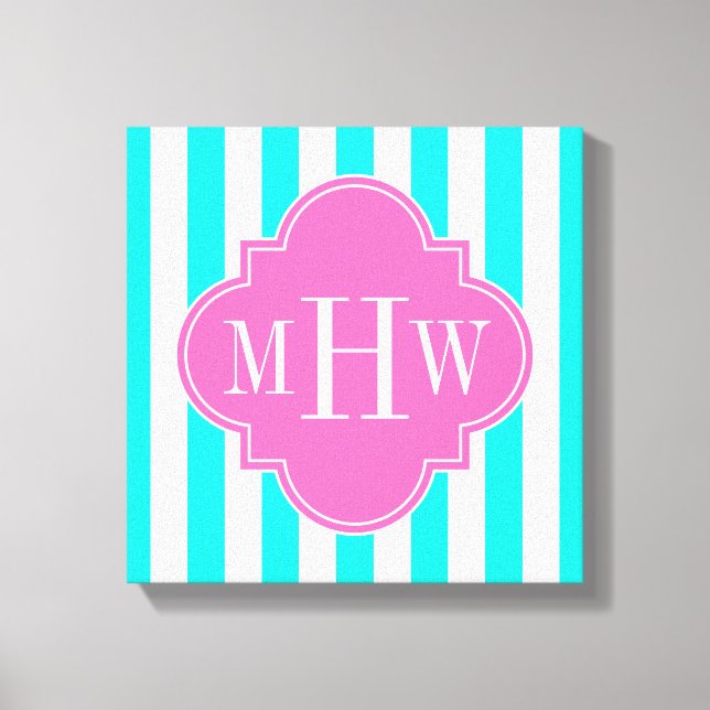Brt Aqua Wt Stripe HotPink#2 Quarzfolie 3 Monogram Leinwanddruck (Vorderseite)