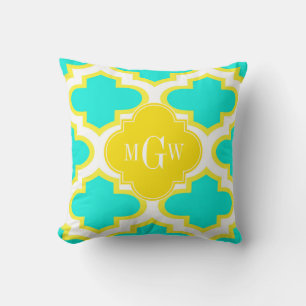 Brt Aqua Yellow Wht Quatrefolie 3 Initialmonogramm Kissen