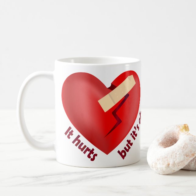 Brüchendes Herz geheilt mit Pflaster und Zitat zum Kaffeetasse (Mit Donut)