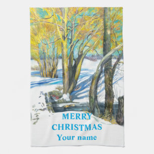 Brücke im Winter Aquarell Geschirrtuch