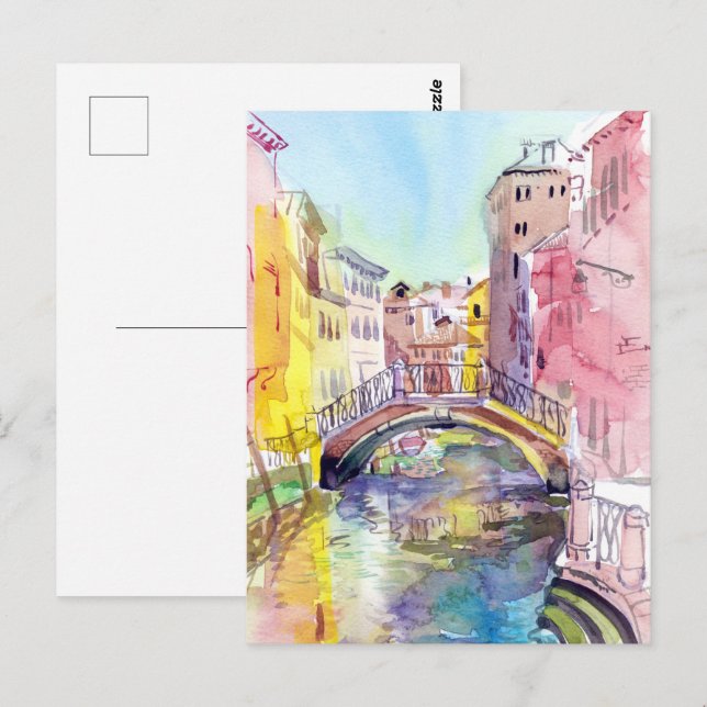 Brücke in Venedig, Italien. Aquarellmalerei Postkarte (Vorne/Hinten)