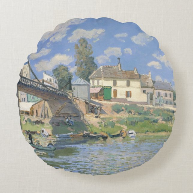 Brücke in Villeneu von Sisley Impressionist Paint Rundes Kissen (Vorderseite)