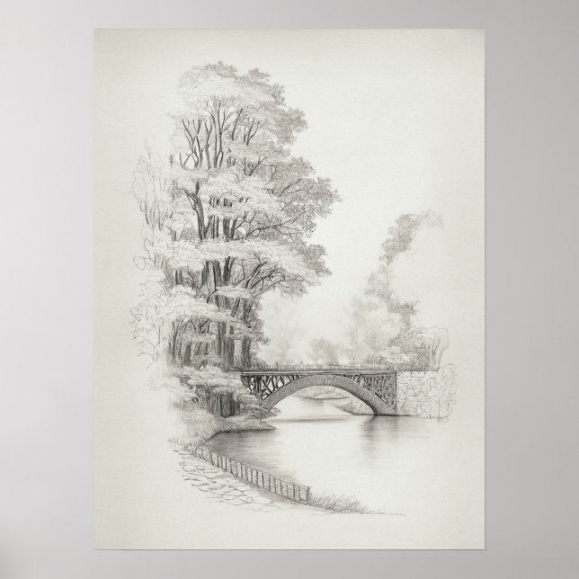 Brücke über den Fluss Sketch mit großen Bäumen, Vi Poster (Vorne)