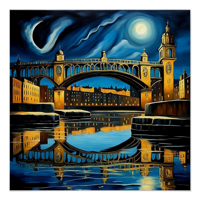 Brücke unter Mondlicht 2 Poster (Vorderseite)