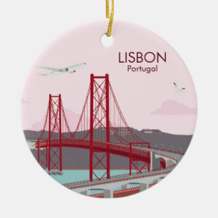Brücke von Lissabon über den Fluss Tagus im Vintag Keramik Ornament
