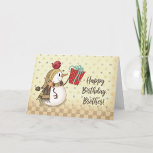 Bruder Birthday Bird auf Snowman mit Gegenwart Karte