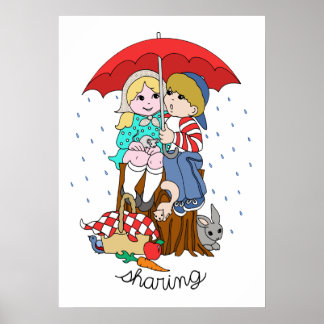 Bruder und Schwester Sharing Regenschirm in Regen Poster