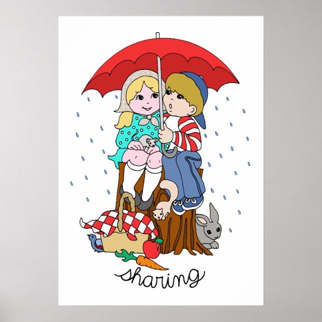 Bruder und Schwester Sharing Regenschirm in Regen Poster (Vorne)