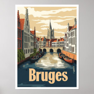 Bruges Belgium Art Vintage Travel Illustration Poster