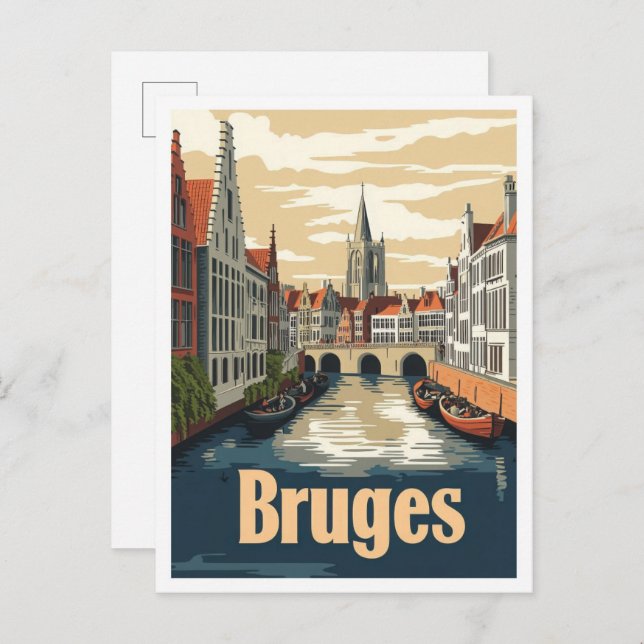 Bruges Belgium Art Vintage Travel Illustration Postkarte (Vorne/Hinten)