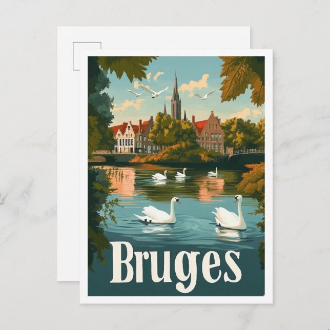Bruges Belgium Art Vintage Travel Illustration Postkarte (Vorne/Hinten)