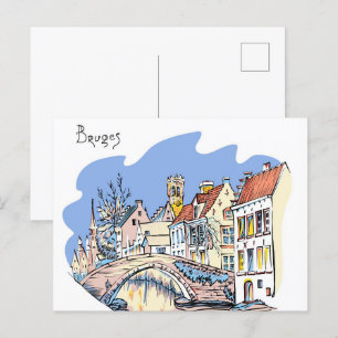 Bruges Canal Belgium Illustration Travel Postkarte