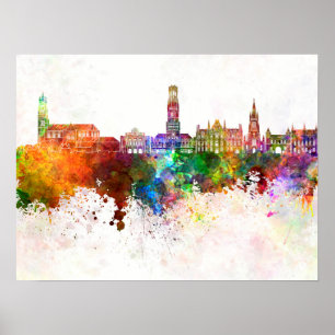 Bruges skyline im Watercolor background Poster