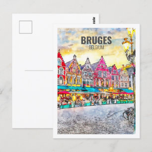Brügge Belgien Berühmte Reise Aquarell-Skizze Postkarte