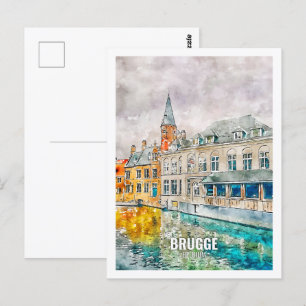 Brugge Belgien Famous Travel Place Watercolor Postkarte