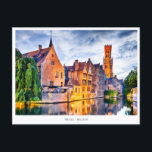 Brügge, Belgien Feiertagspostkarte<br><div class="desc">Brügge, Belgien Postkarte mit mittelalterlichem Rozenhoedkaai und Belfry Turm. Mittelalterliches Europa.</div>