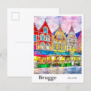 Brügge Belgien Reise Wasserfarbe Handgezeichnet Postkarte