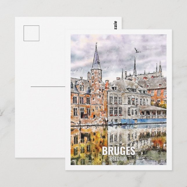 Brügge Belgien Reiseziel Place Watercolor Postkarte (Vorne/Hinten)