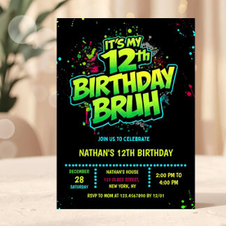 Bruh 12th Birthday Boy Neon Modern Invitation Einladung
