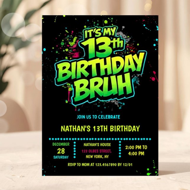 Bruh 13th Birthday Boy Neon Modern Invitation Einladung (Bruh, You In? Neon Arcade Video Games Boy Birthday Invitation)