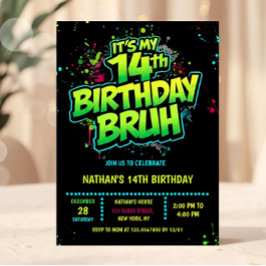 Bruh 14th Birthday Boy Neon Modern Invitation Einladung