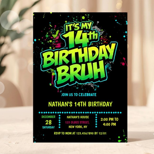 Bruh 14th Birthday Boy Neon Modern Invitation Einladung (Bruh, You In? Neon Arcade Video Games Boy Birthday Invitation)
