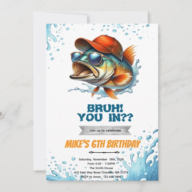 Bruh Bass Fishing Birthday Invitation Einladung (Vorderseite)