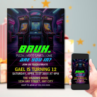 Bruh, bist du da? Neon Arcade Video Games Boy Birt Einladung