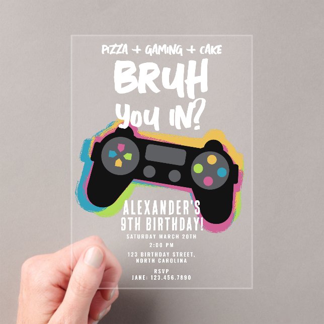 Bruh Boy's Birthday Neon Gaming Teen Gamer Acryleinladungen (Insitu (Handheld))