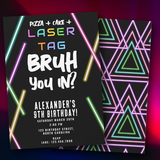 Bruh Boy's Birthday Neon Laser Tag Einladung (Bruh Boy's Birthday Neon Laser Tag Invitation)