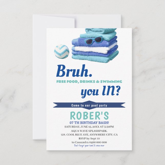 BRUH Boys Blue Pool Party Geburtstag Einladung (Vorderseite)