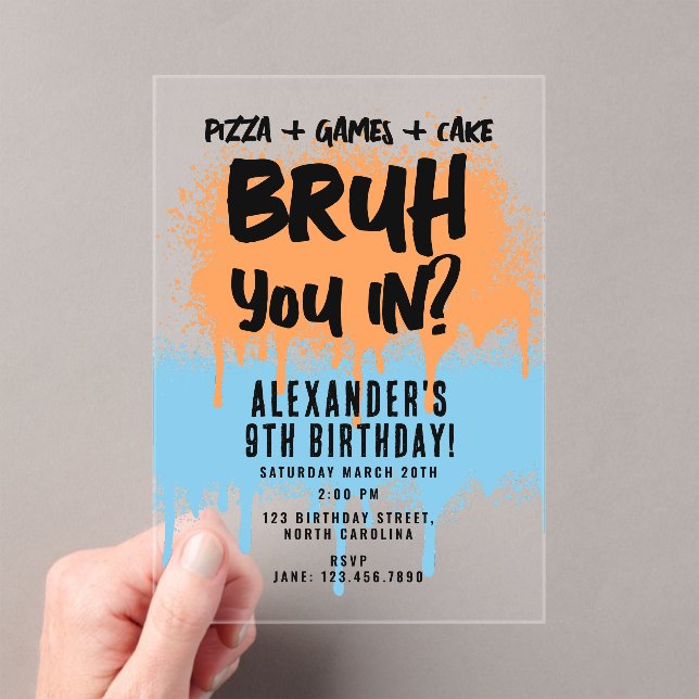 Bruh Boys Geburtstag Neon Graffiti Orange Blue Acryleinladungen (Insitu (Handheld))