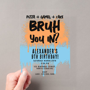 Bruh Boys Geburtstags-Neon-Graffiti Orange Blau Acryleinladungen