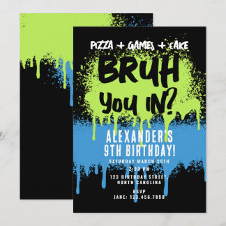 Bruh Boys Geburtstagsparty Neon Graffiti Green Blu Einladung