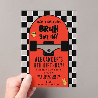 Bruh Boy's Skateboarding Checkered Birthday Party Acryleinladungen