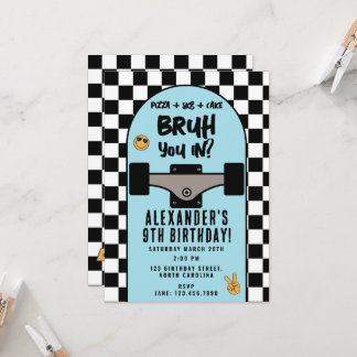 Bruh Boy's Skateboarding Checkered Birthday Party Einladung