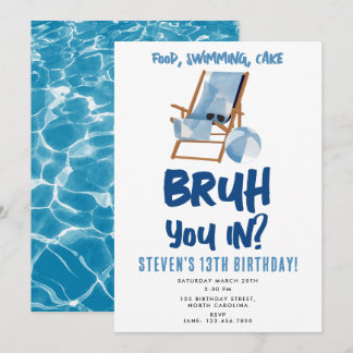 Bruh Boy's Teenager Birthday Pool Party Teen Boy Einladung