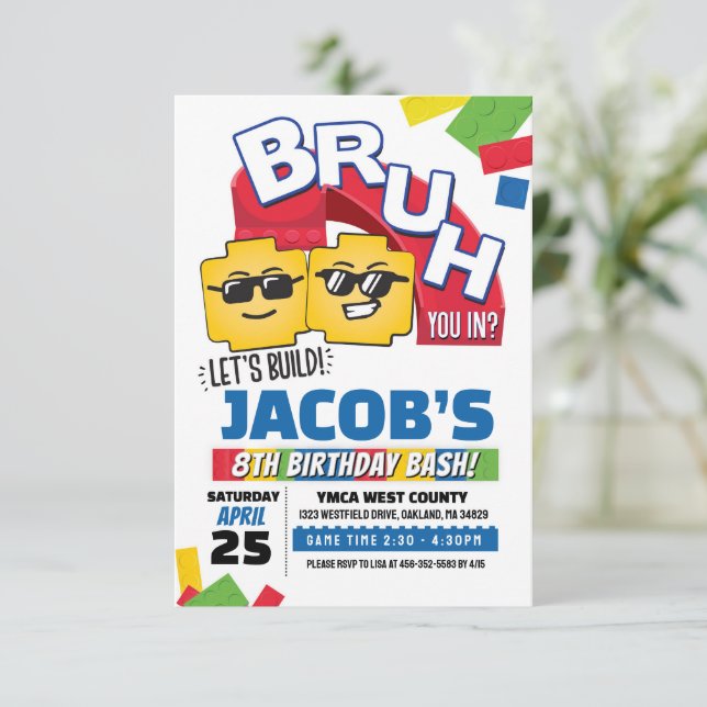 Bruh Building Block Birthday Invitation Einladung (Stehend Vorderseite)