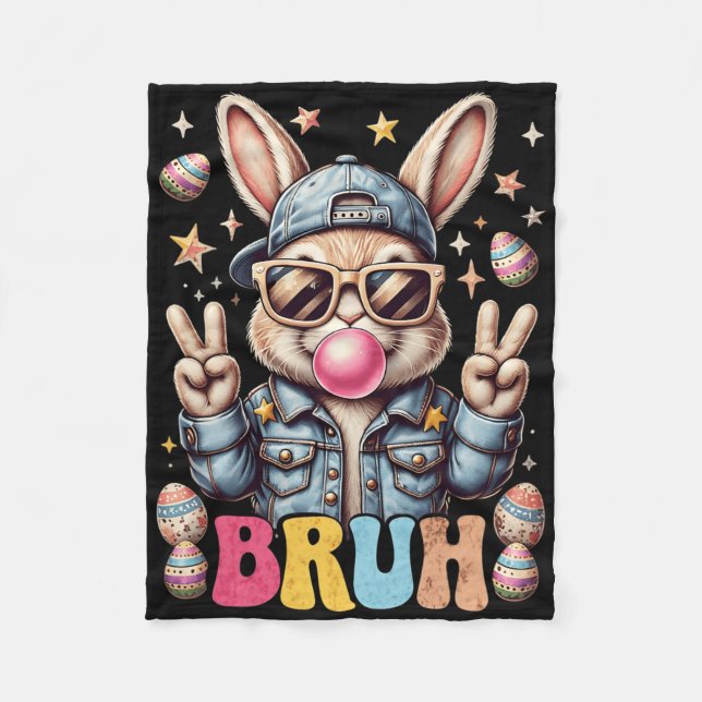 Bruh Bunny Blowing Bubble Gum Happy Easter Day Boy Fleecedecke (Vorderseite)