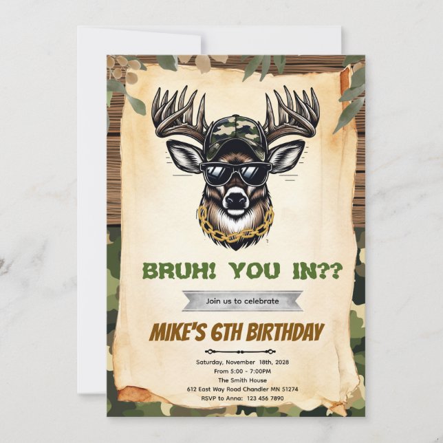 Bruh camo deer hunting party invitation einladung (Vorderseite)