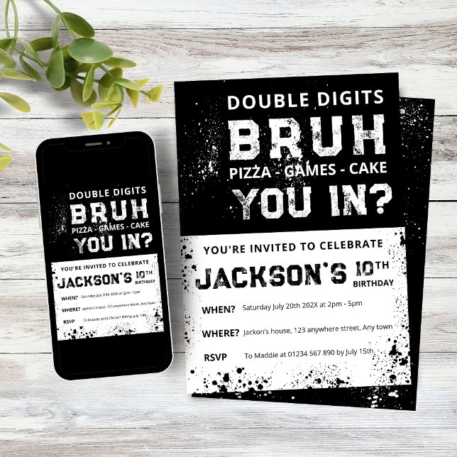 BRUH Double Digits Boys 10th Birthday Invitation Einladung (Boys Double Digit 10th Birthday Invitation, Black and White Grunge design)