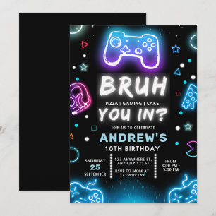 BRUH DU DABEI? Neon-Gamer-Geburtstagseinladung Einladung